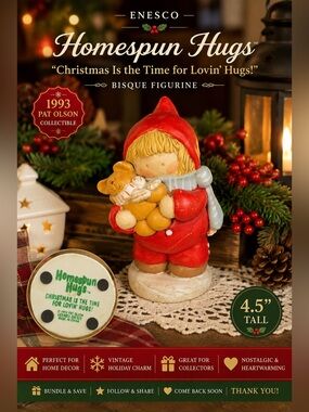 Enesco Homespun Hugs “Christmas Is the Time for Lovin’ Hugs!” Bisque Figurine –